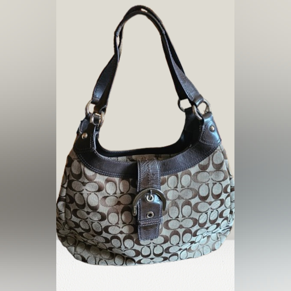 Coach Brown Signature Pattern Hobo Bag with Brown Patent Leather Straps F17403
